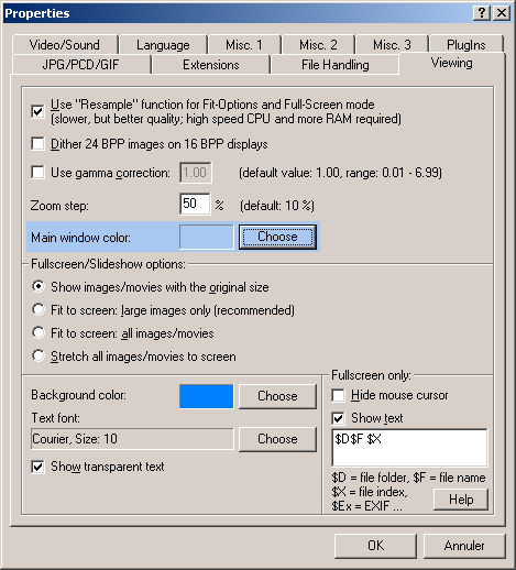 Properties dialog ('Viewing' tab)